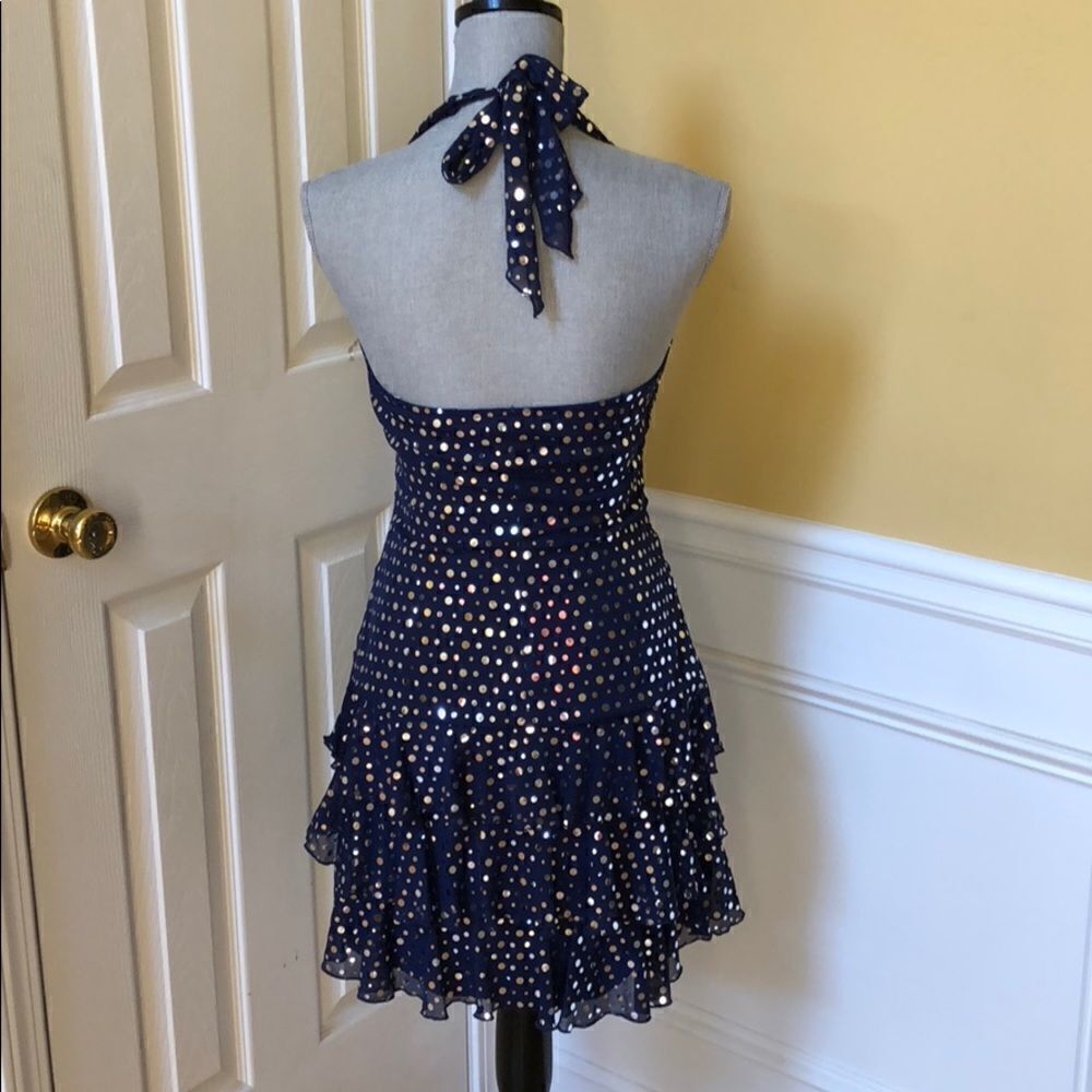 Juniors Navy Blue Silver Polka Dot Evening Dress - Picture 6 of 6